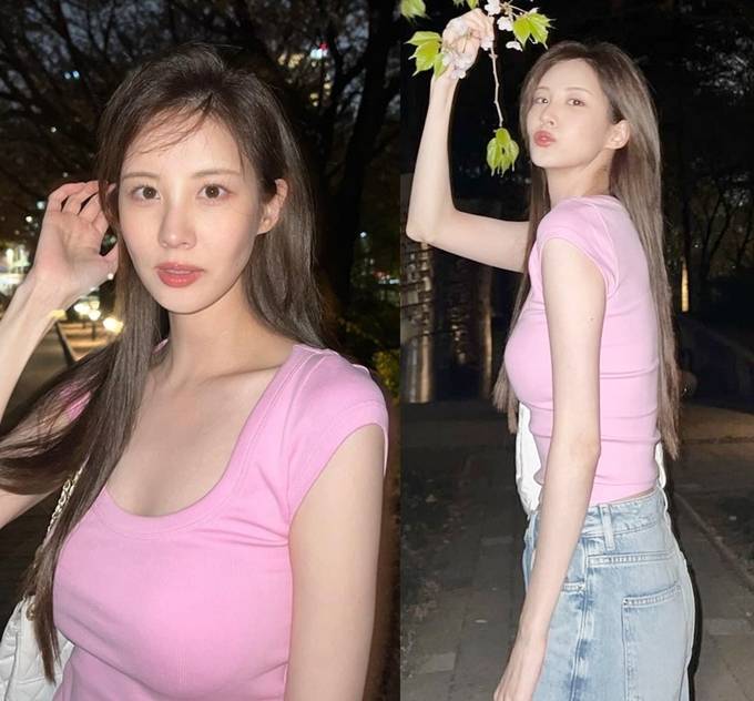 '인간 벚꽃' 된 소녀시대 서현, 핑크 티셔츠 입고 밤 벚꽃 놀이...한 밤에도 민소매