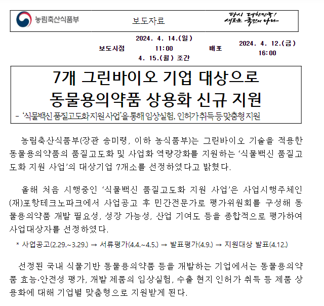7개 그린바이오 기업 대상으로 동물용의약품 상용화 신규 지원 7개 그린바이오 기업 대상으로 동물용의약품 상용화 신규 지원