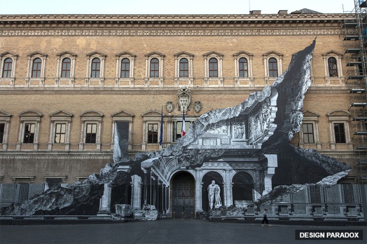 유명 미술작품  로마의 파르네제 궁전에 작업한 사실적인 3D 그림  '도피처' 해외 작가 JR