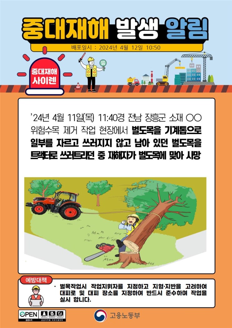  장흥군 00위험수목 제거 현장 벌도목 맞음 사고