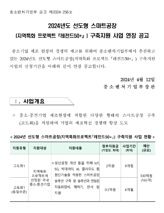 2024년 선도형 스마트공장(지역특화 프로젝트 레전드50+) 구축지원 사업 연장 공고 2024년 선도형 스마트공장(지역특화 프로젝트 레전드50+) 구축지원 사업 연장 공고