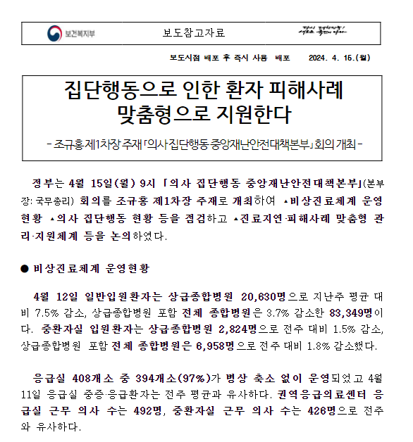 집단행동으로 인한 환자 피해사례 맞춤형으로 지원한다