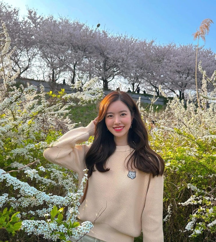  진세연의 봄 나들이에서 예쁘게 입은  베이지톤의 매력적인 메종키츠네 여성 니트 코디