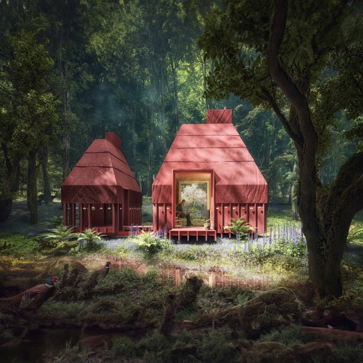 숲 속 오두막집 독특한 유르트 천막 지붕 조합 목조주택 게스트하우스 건축