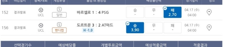 프로토 4/16 챔스 8강 2차전 2경기 적중 프로토 4/16 챔스 8강 2차전 2경기 적중