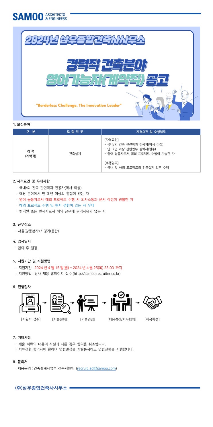  삼우종합건축사사무소 채용공고 건축 경력직 영어가능자