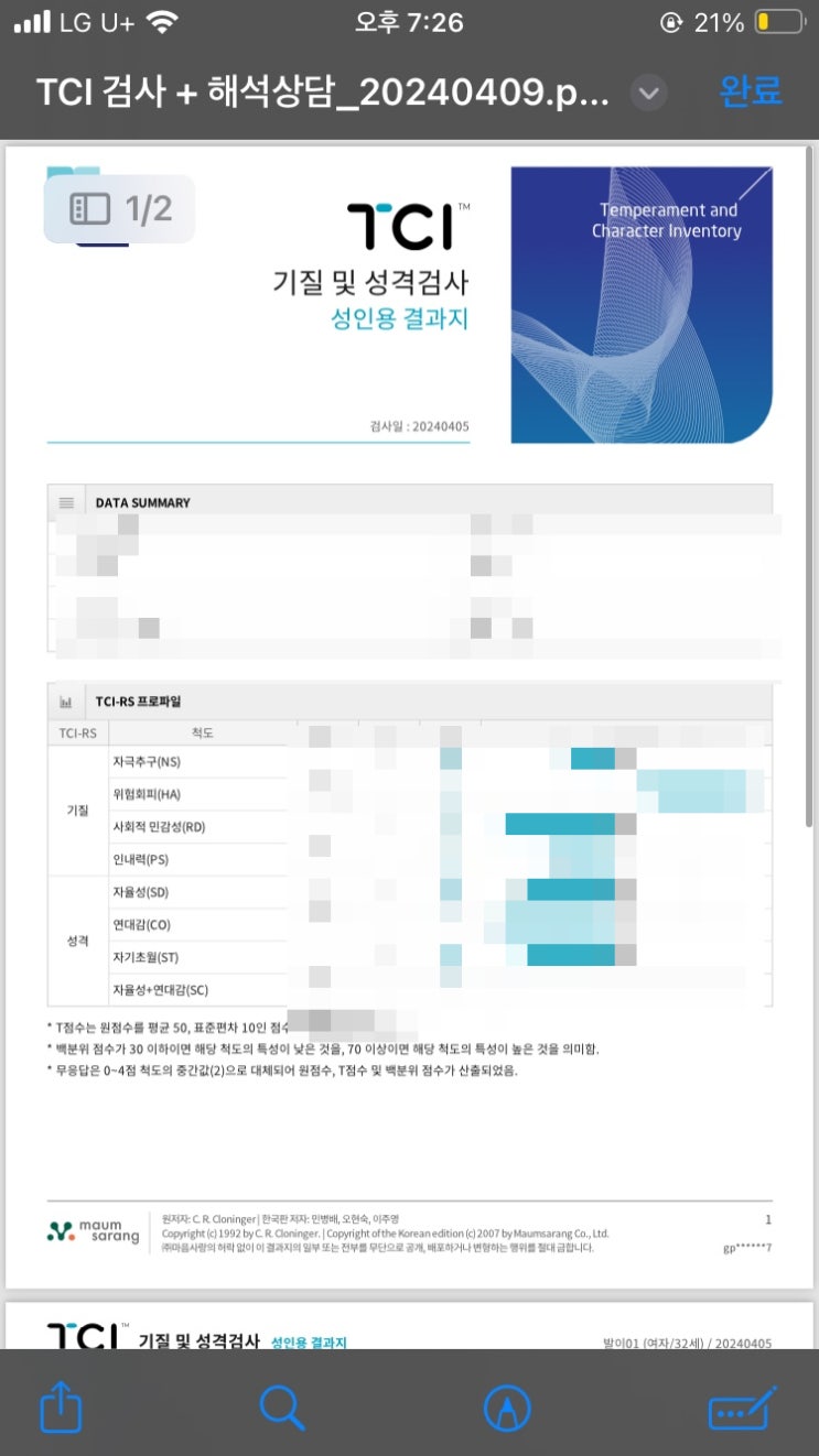  마인드카페 심리상담 성인 TCI 기질 및 성격검사 후기