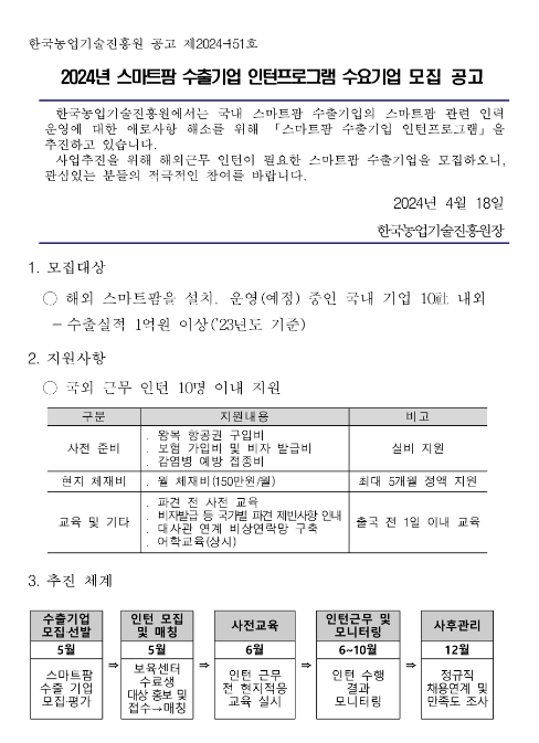 2024년 스마트팜 수출기업 인턴프로그램 수요기업 모집 공고