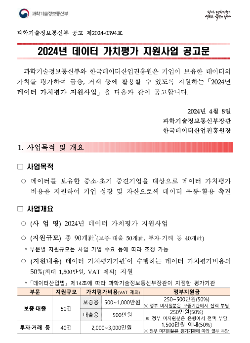 2024년 데이터 가치평가 지원사업 공고