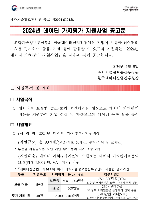 2024년 데이터 가치평가 지원사업 공고 2024년 데이터 가치평가 지원사업 공고