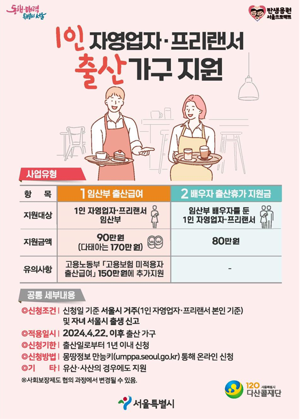  2024 서울시 출산급여 1인 자영업자 프리랜서 최대 240만원 지원