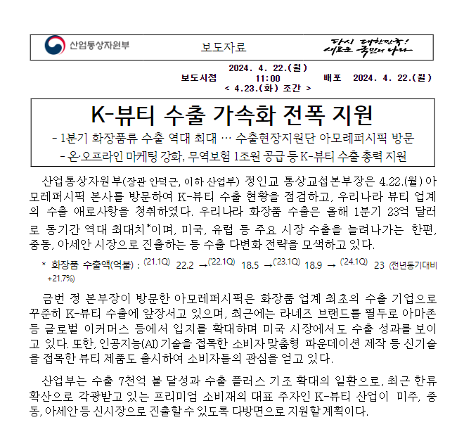 K-뷰티 수출 가속화 전폭 지원 K-뷰티 수출 가속화 전폭 지원