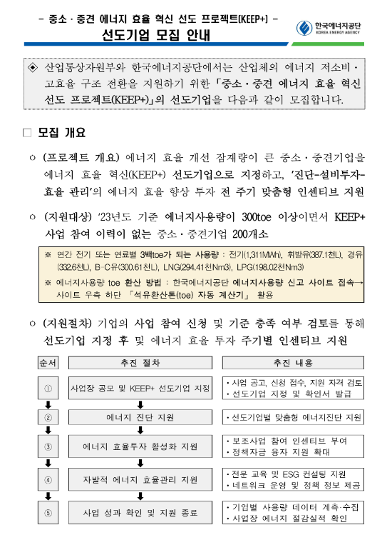 2024년 중소ㆍ중견 에너지 효율 혁신 선도 프로젝트(KEEP+) 선도 기업 모집 공고