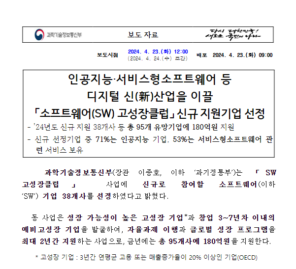 인공지능·서비스형소프트웨어 등 디지털 신(新)산업을 이끌 「소프트웨어(SW) 고성장클럽」 신규 지원기업 선정 인공지능·서비스형소프트웨어 등 디지털 신(新)산업을 이끌 「소프트웨어(SW) 고성장클럽」 신규 지원기업 선정