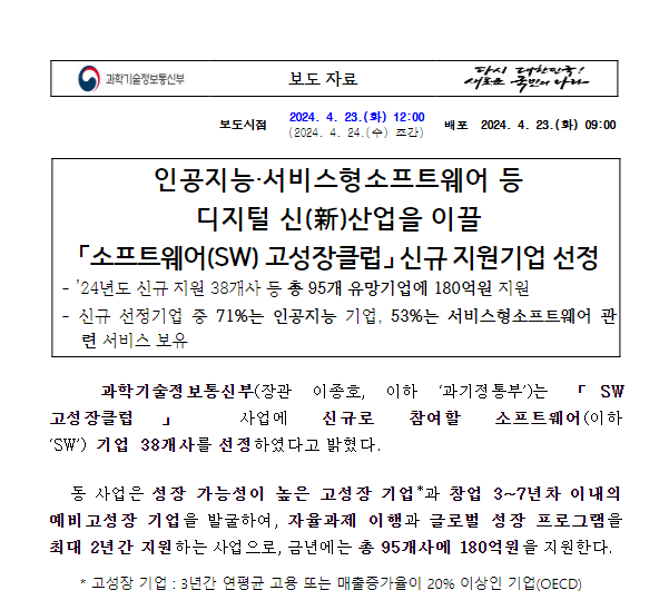 인공지능·서비스형소프트웨어 등 디지털 신(新)산업을 이끌 「소프트웨어(SW) 고성장클럽」 신규 지원기업 선정