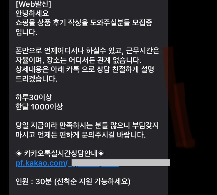  후기작성 알바문자=사기문자 속지마세요