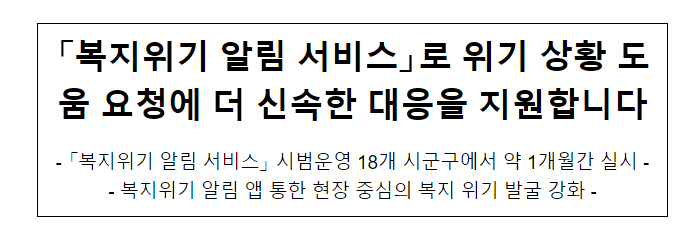 「복지위기 알림 서비스」로 위기 상황 도움 요청에 더 신속한 대응을 지원합니다 「복지위기 알림 서비스」로 위기 상황 도움 요청에 더 신속한 대응을 지원합니다