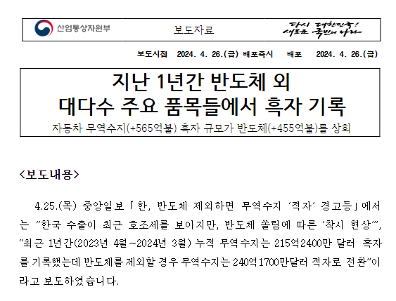 지난 1년간 반도체 외 대다수 주요 품목들에서 흑자 기록 지난 1년간 반도체 외 대다수 주요 품목들에서 흑자 기록