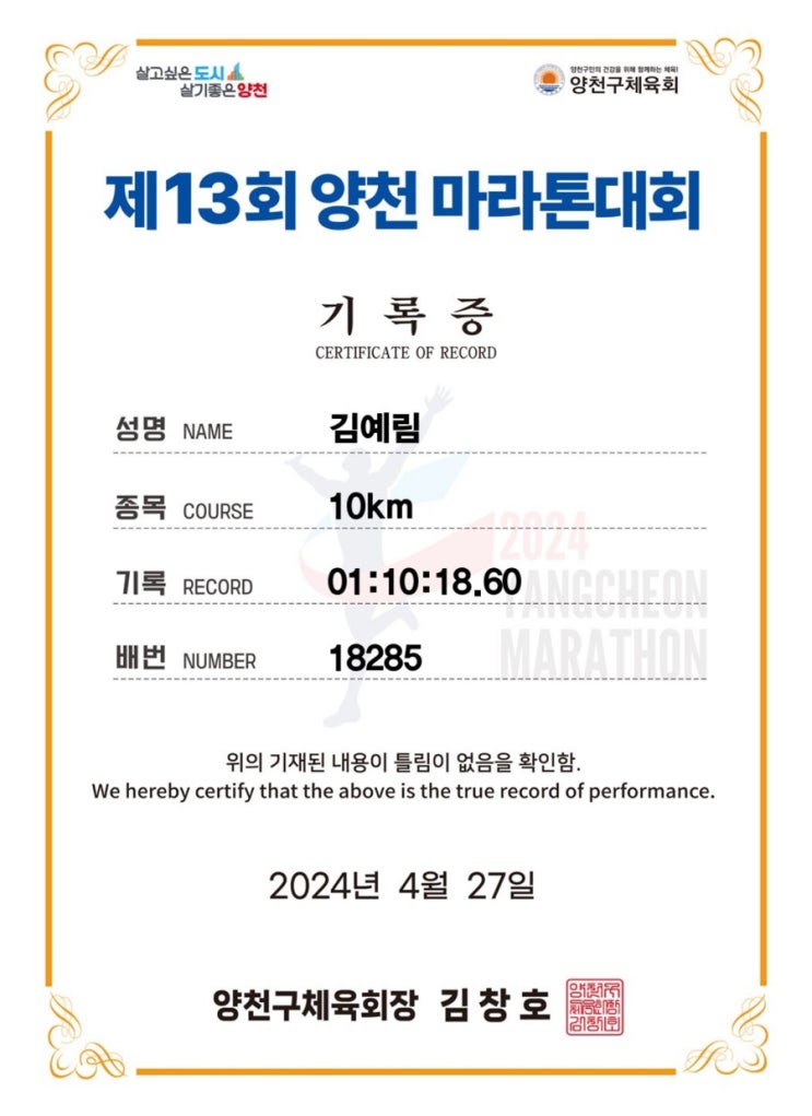  [마라톤 후기] 제3회 2024 양천마라톤 10km 완주 후기 / 나이키 인빈서블3