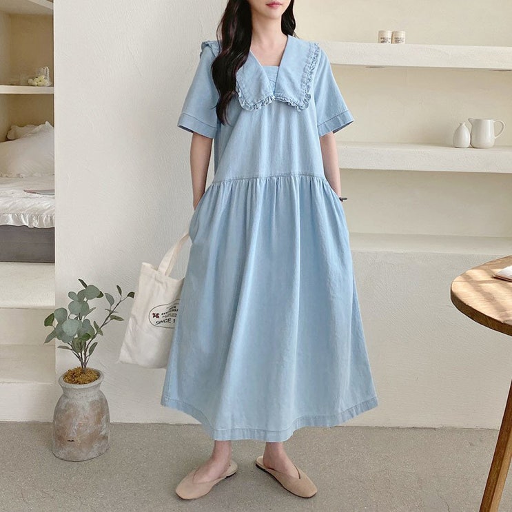  봄 여름 세일러 데님 원피스 반팔 데님 원피스 청원피스 2COLOR