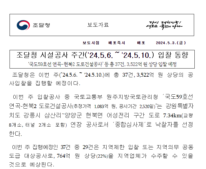 조달청 시설공사 주간(’24.5.6.~’24.5.10.) 입찰 동향 조달청 시설공사 주간(’24.5.6.~’24.5.10.) 입찰 동향