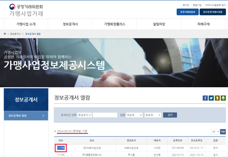  정보공개서 신규등록 2024년 4월 목록