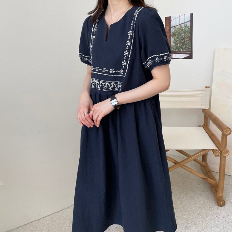  여름 린넨 원피스 자수 원피스 면 원피스 국내생산 2COLOR