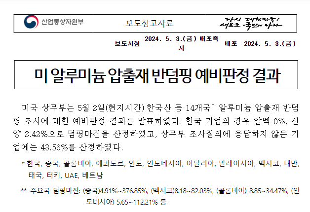 (참고자료)미 알루미늄 압출재 반덤핑 예비판정 결과 (참고자료)미 알루미늄 압출재 반덤핑 예비판정 결과