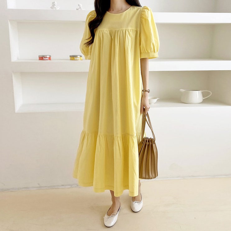 여름 원피스 바스락 원피스 퍼프 소매 코튼 면 원피스 빅사이즈 3COLOR