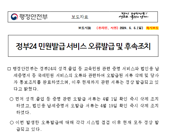 정부24 민원발급 서비스 오류발급 및 후속조치 정부24 민원발급 서비스 오류발급 및 후속조치