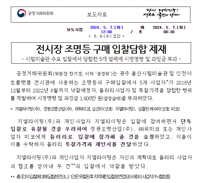 전시조명등 관련 5개 사업자의 부당한 공동행위 제재 전시조명등 관련 5개 사업자의 부당한 공동행위 제재