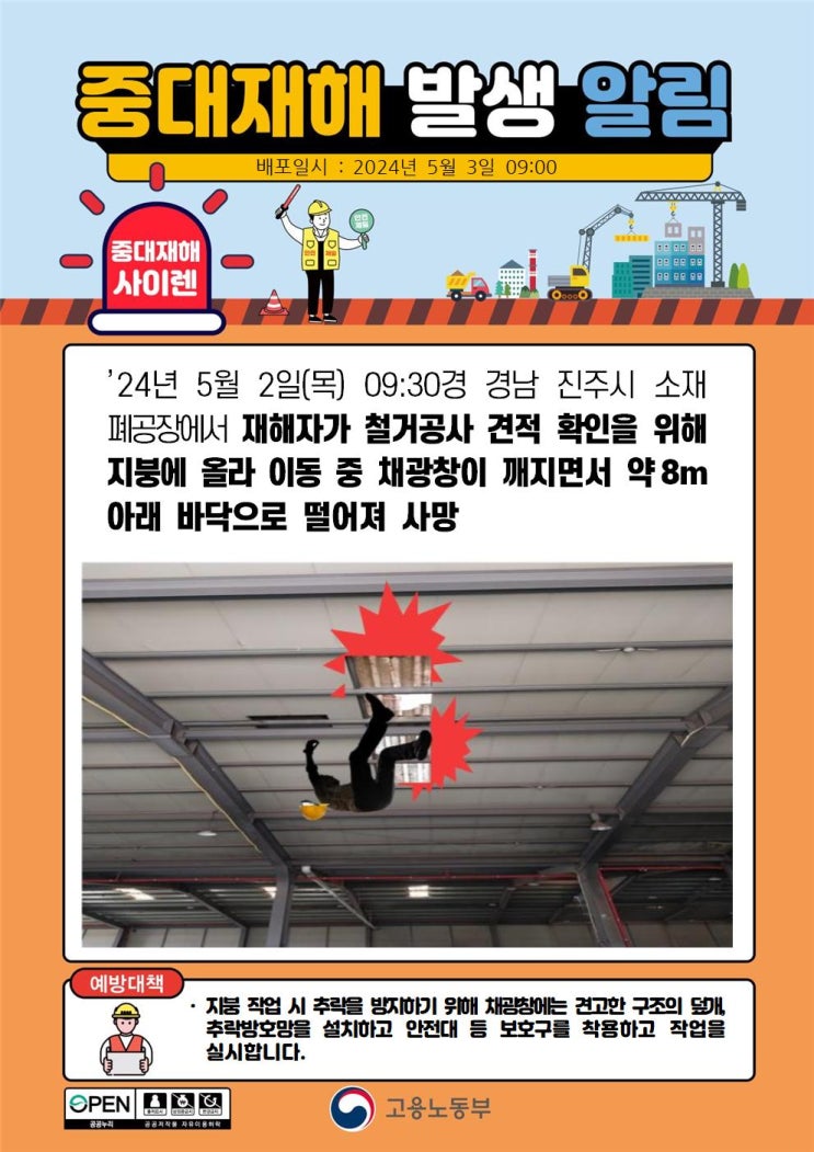  진주시 폐공장 지붕 떨어짐 사고 등 제조공장 떨어짐 사고 분석