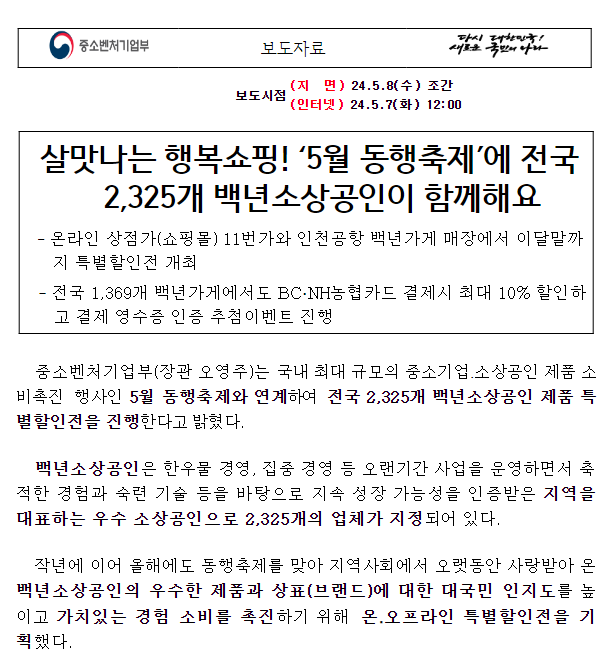 살맛나는 행복쇼핑! ‘5월 동행축제’에 전국 2,325개 백년소상공인이 함께해요 살맛나는 행복쇼핑! ‘5월 동행축제’에 전국 2,325개 백년소상공인이 함께해요