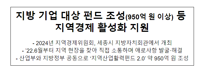 지방 기업 대상 펀드 조성(950억 원 이상) 등 지역경제 활성화 지원 지방 기업 대상 펀드 조성(950억 원 이상) 등 지역경제 활성화 지원