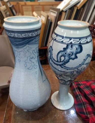  "古傳美 장작 가마 도자기 2점 일괄 그림 좋은 백자 도자기 입니다 도자기 판매 !~!!" / 반려동물해외운송