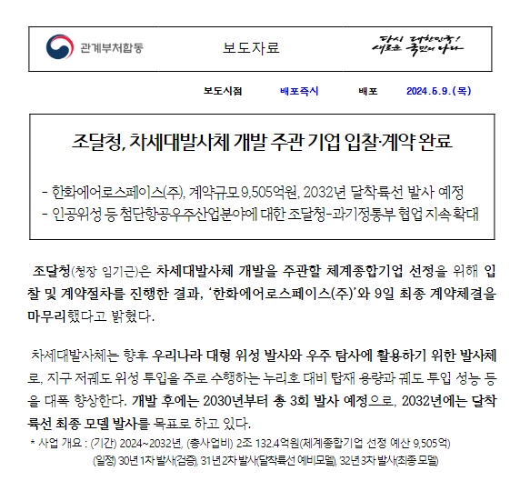 조달청, 차세대발사체 개발 주관 기업 입찰·계약 완료 조달청, 차세대발사체 개발 주관 기업 입찰·계약 완료