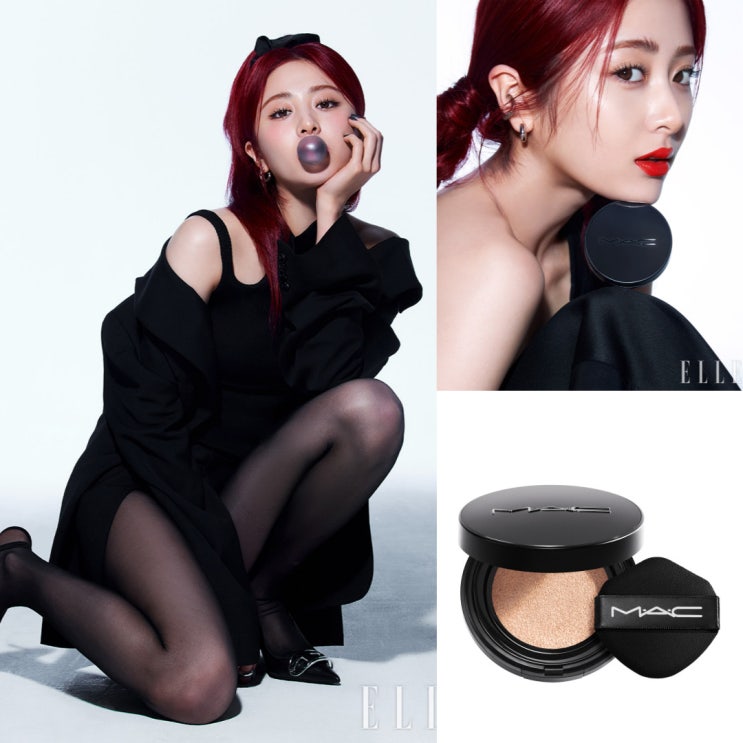  르세라핌 허윤진 메이크업 정보 : 촉촉한쿠션 맥(MAC) NEW 스튜디오 픽스 새틴광 쿠션, 맥시멀 실키 매트 립스틱