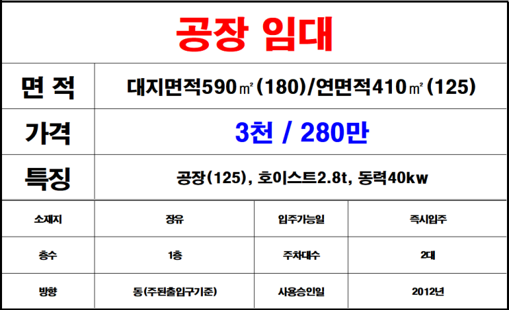  김해 장유 공장임대, 부곡동 위치한 공장 임대