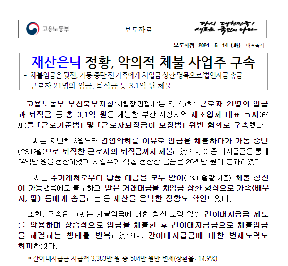 재산은닉 정황, 악의적 체불 사업주 구속 재산은닉 정황, 악의적 체불 사업주 구속