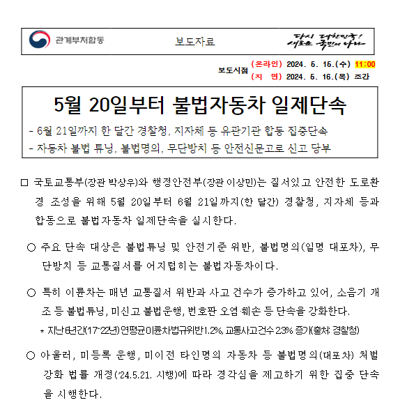 5월 20일부터 불법자동차 일제단속 5월 20일부터 불법자동차 일제단속