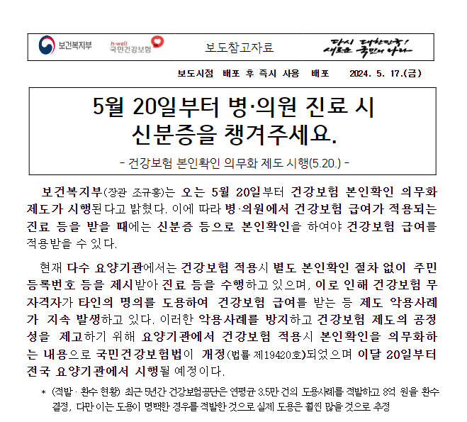 5월 20일부터 병·의원 진료 시 신분증을 챙겨주세요. 5월 20일부터 병·의원 진료 시 신분증을 챙겨주세요.