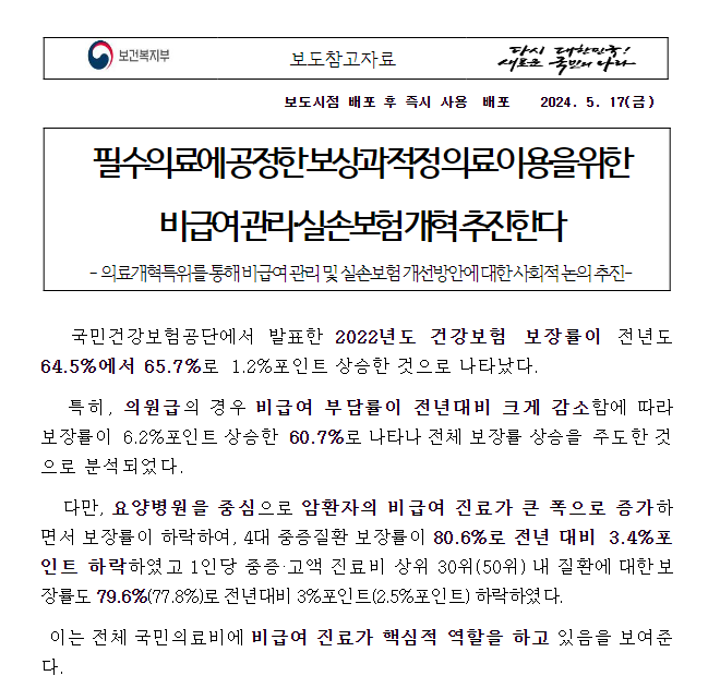 필수의료에 공정한 보상과 적정 의료 이용을 위한 비급여 관리·실손보험 개혁 추진한다 필수의료에 공정한 보상과 적정 의료 이용을 위한 비급여 관리·실손보험 개혁 추진한다