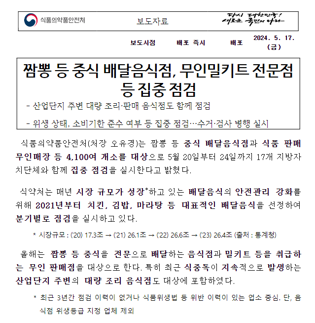 짬뽕 등 중식 배달음식점, 무인밀키트 전문점 등 집중점검 짬뽕 등 중식 배달음식점, 무인밀키트 전문점 등 집중점검