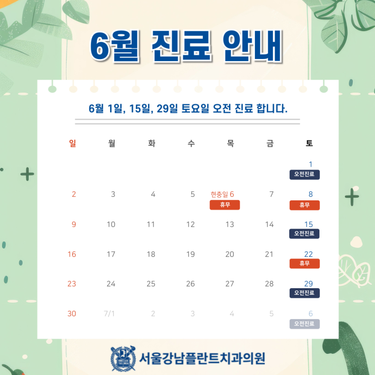 [서울강남플란트치과] 6월 진료일정안내 (feat. 토요일 진료, 현충일 휴무)