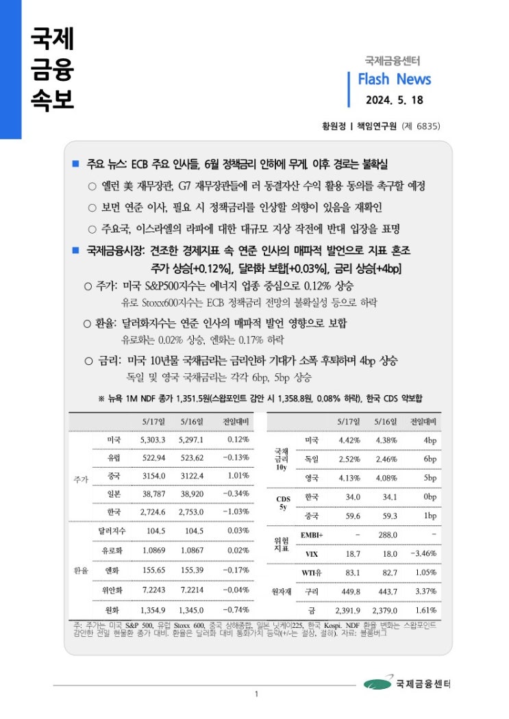  [5.18] ECB 주요 인사들, 6월 정책금리 인하에 무게. 이후 경로는 불확실 등, 국제금융속보