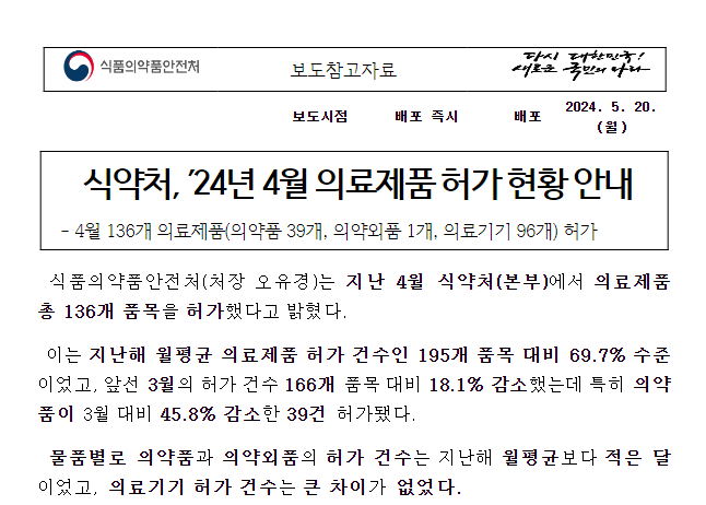 식약처, ’24년 4월 의료제품 허가 현황 안내 식약처, ’24년 4월 의료제품 허가 현황 안내
