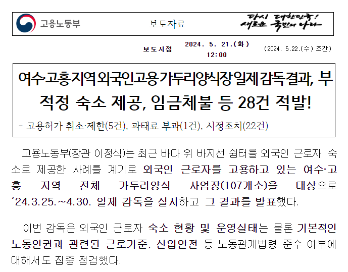 여수·고흥 지역 외국인고용 가두리양식장 일제 감독 결과, 부적정 숙소 제공, 임금체불 등 28건 적발! 여수·고흥 지역 외국인고용 가두리양식장 일제 감독 결과, 부적정 숙소 제공, 임금체불 등 28건 적발!