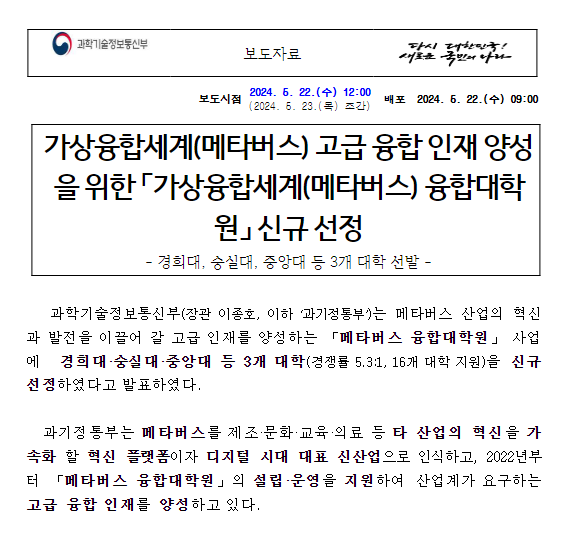 가상융합세계(메타버스) 고급 융합 인재 양성을 위한 「가상융합세계(메타버스) 융합대학원」 신규 선정 가상융합세계(메타버스) 고급 융합 인재 양성을 위한 「가상융합세계(메타버스) 융합대학원」 신규 선정