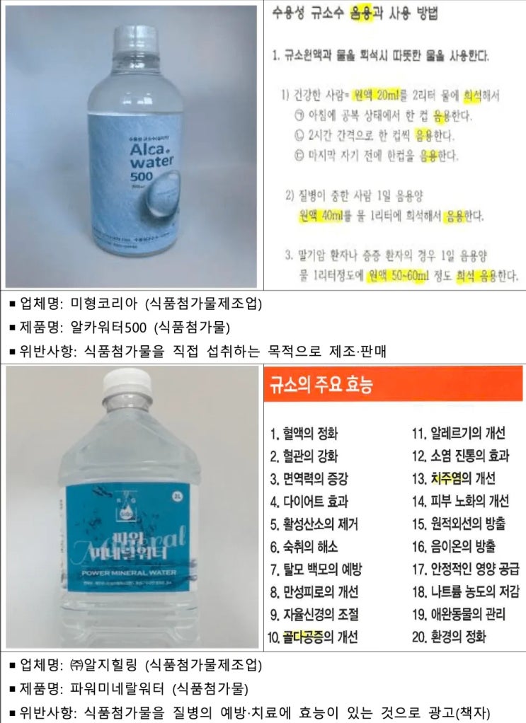 "거품제거용 식품첨가물을 질병 치료제로 둔갑시킨 업체 등 10개소 적발‧조치하였습니다." "거품제거용 식품첨가물을 질병 치료제로 둔갑시킨 업체 등 10개소 적발‧조치하였습니다."