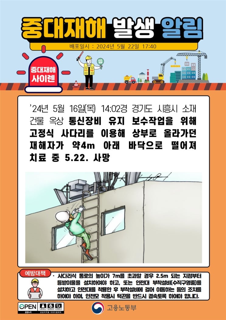  시흥시 건물 옥상 고정식 사다리 떨어짐 사고